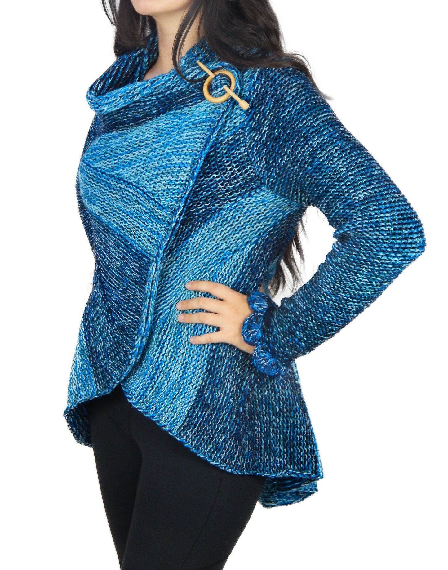 Fine Alpaca Wool Tailored Peacoat Cardigan Petticoat Jacket Knitted Coat Open Versatile Stylish Elegant Fitted Wrap Crochet Sleeve Light Blue Shades