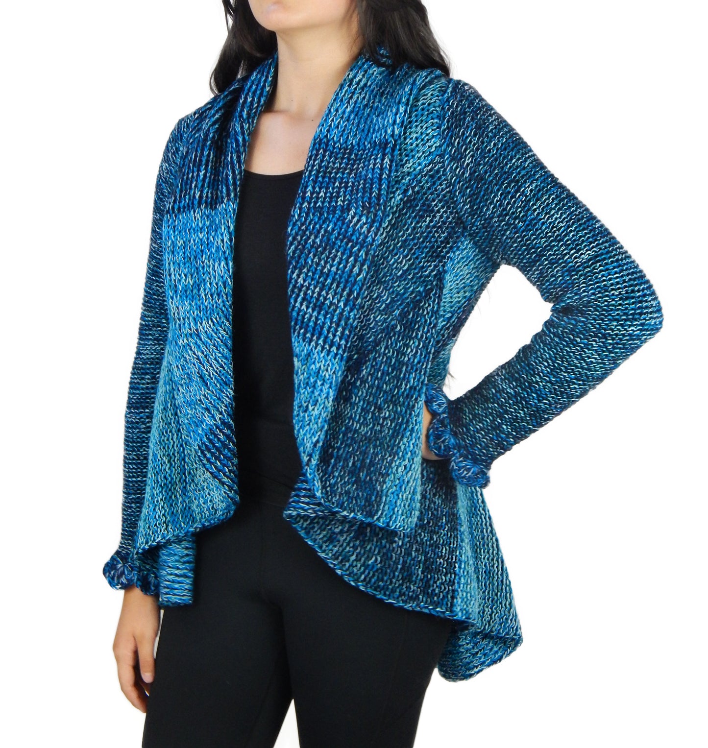 Fine Alpaca Wool Tailored Peacoat Cardigan Petticoat Jacket Knitted Coat Open Versatile Stylish Elegant Fitted Wrap Crochet Sleeve Light Blue Shades