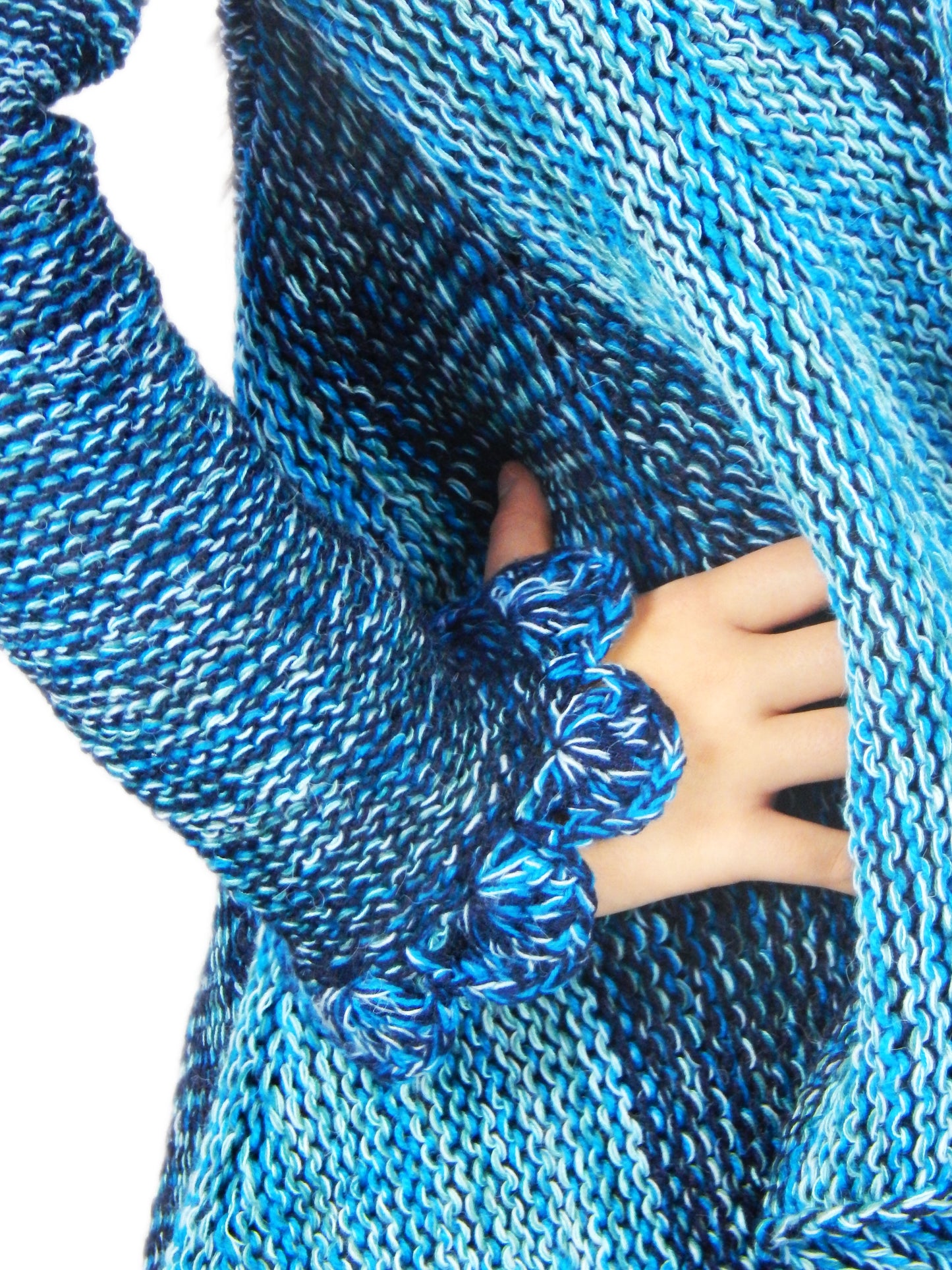 Fine Alpaca Wool Tailored Peacoat Cardigan Petticoat Jacket Knitted Coat Open Versatile Stylish Elegant Fitted Wrap Crochet Sleeve Light Blue Shades