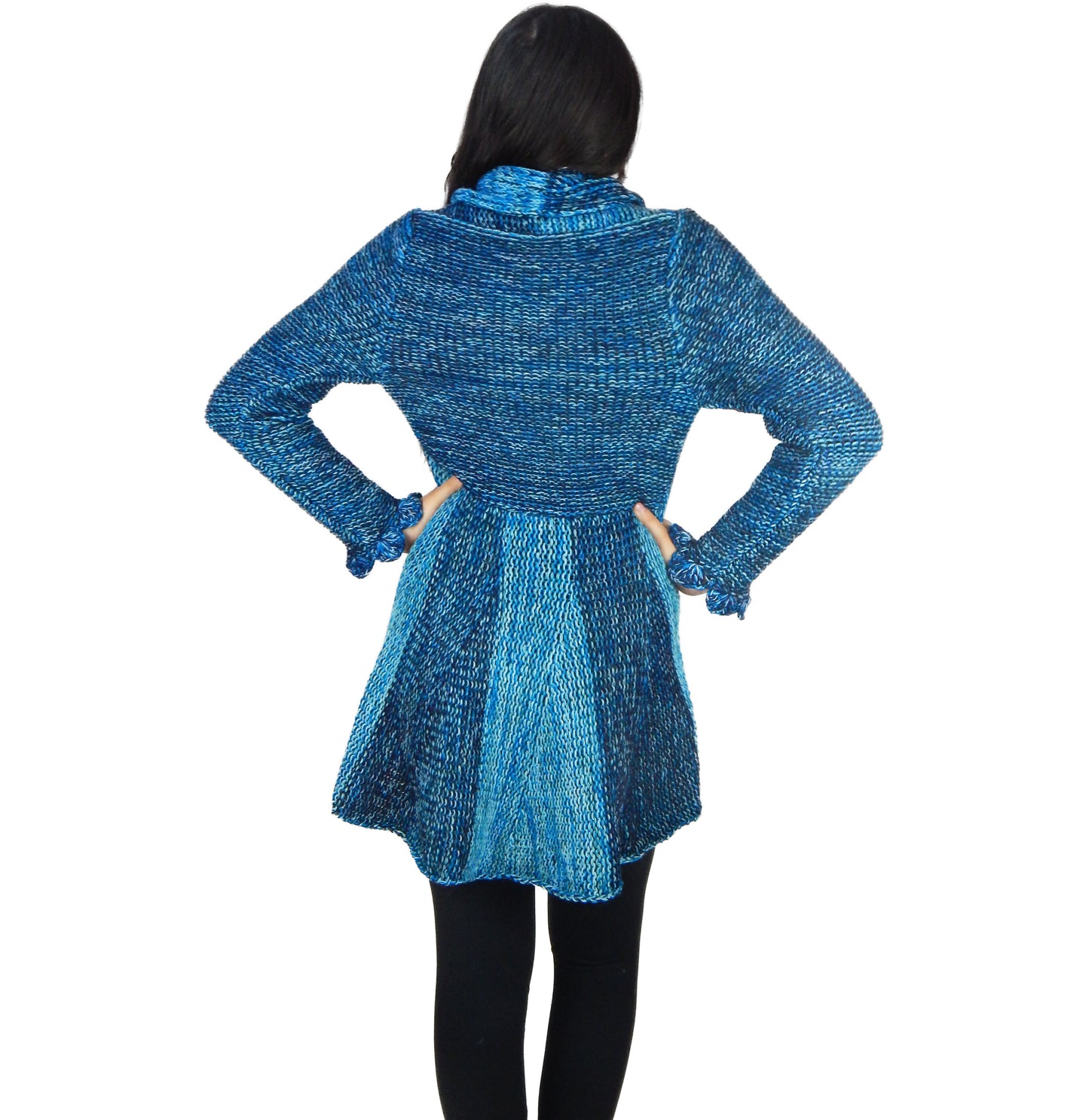 Fine Alpaca Wool Tailored Peacoat Cardigan Petticoat Jacket Knitted Coat Open Versatile Stylish Elegant Fitted Wrap Crochet Sleeve Light Blue Shades