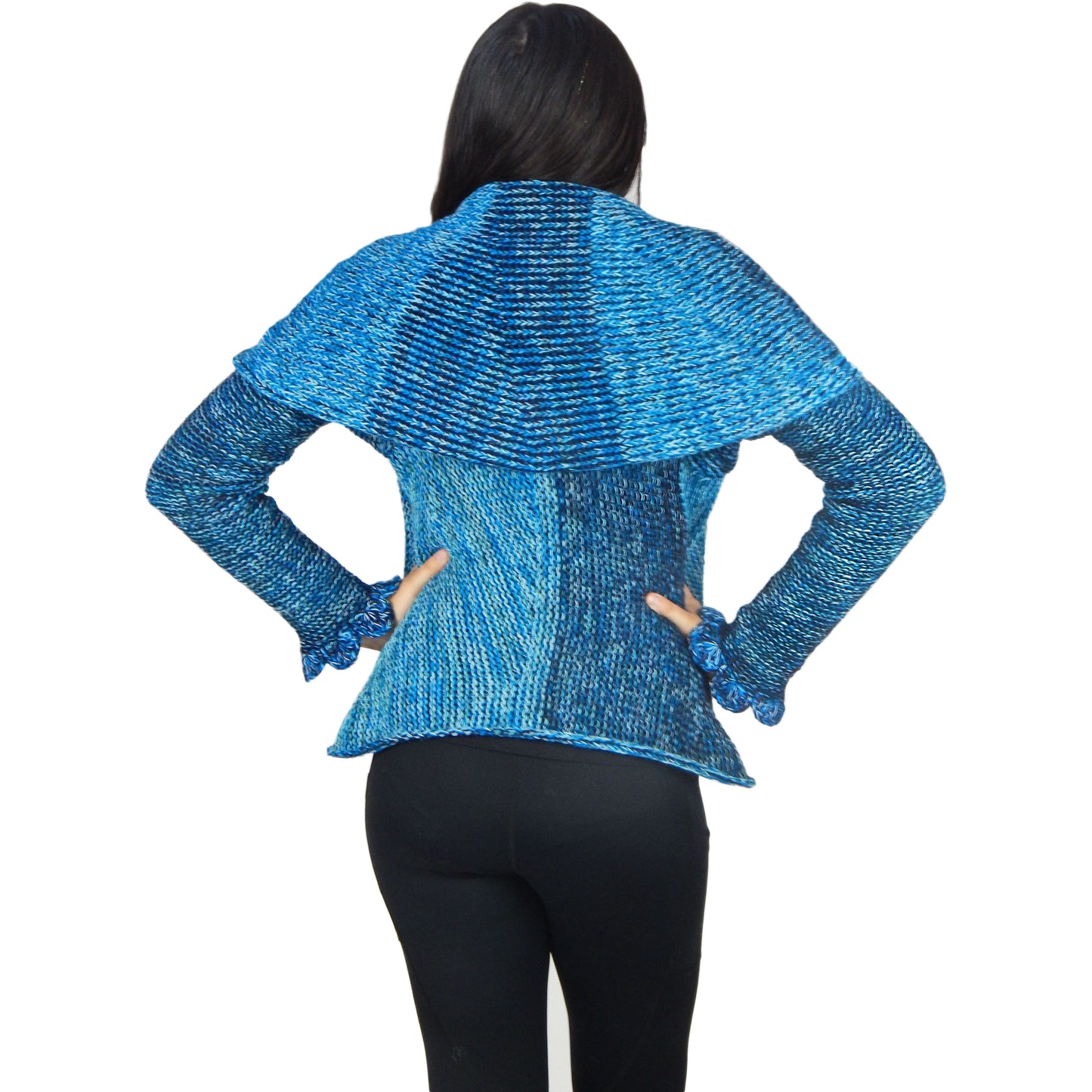 Fine Alpaca Wool Tailored Peacoat Cardigan Petticoat Jacket Knitted Coat Open Versatile Stylish Elegant Fitted Wrap Crochet Sleeve Light Blue Shades