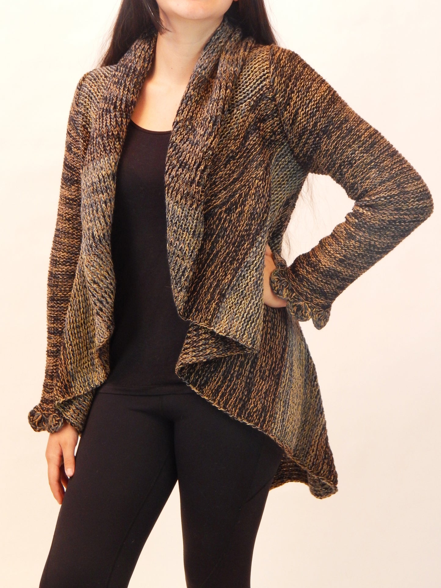 Fine Alpaca Wool Tailored Peacoat Cardigan Petticoat Jacket Knitted Coat Open Versatile Stylish Elegant Fitted Wrap Crochet Sleeve Browns