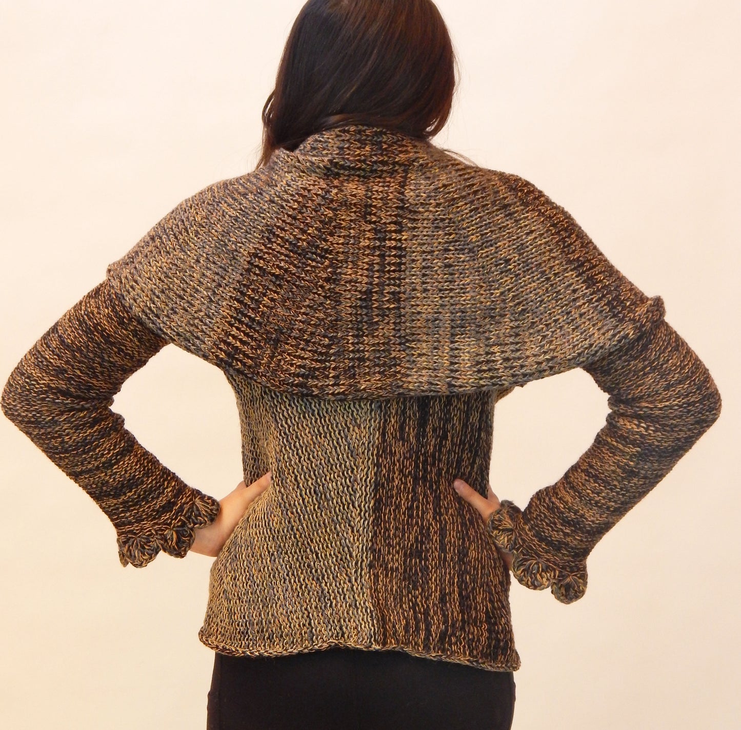 Fine Alpaca Wool Tailored Peacoat Cardigan Petticoat Jacket Knitted Coat Open Versatile Stylish Elegant Fitted Wrap Crochet Sleeve Browns