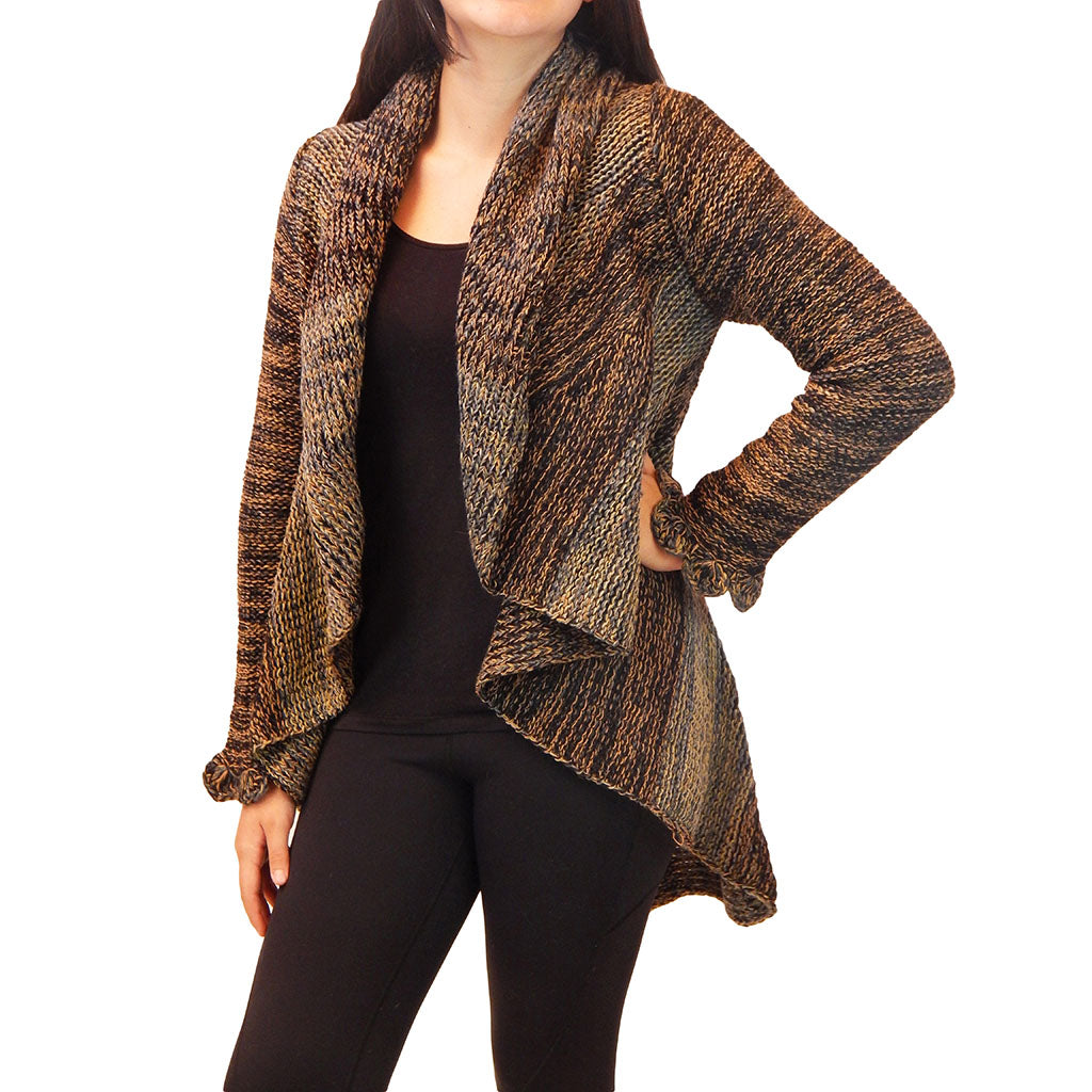 Fine Alpaca Wool Tailored Peacoat Cardigan Petticoat Jacket Knitted Coat Open Versatile Stylish Elegant Fitted Wrap Crochet Sleeve Browns
