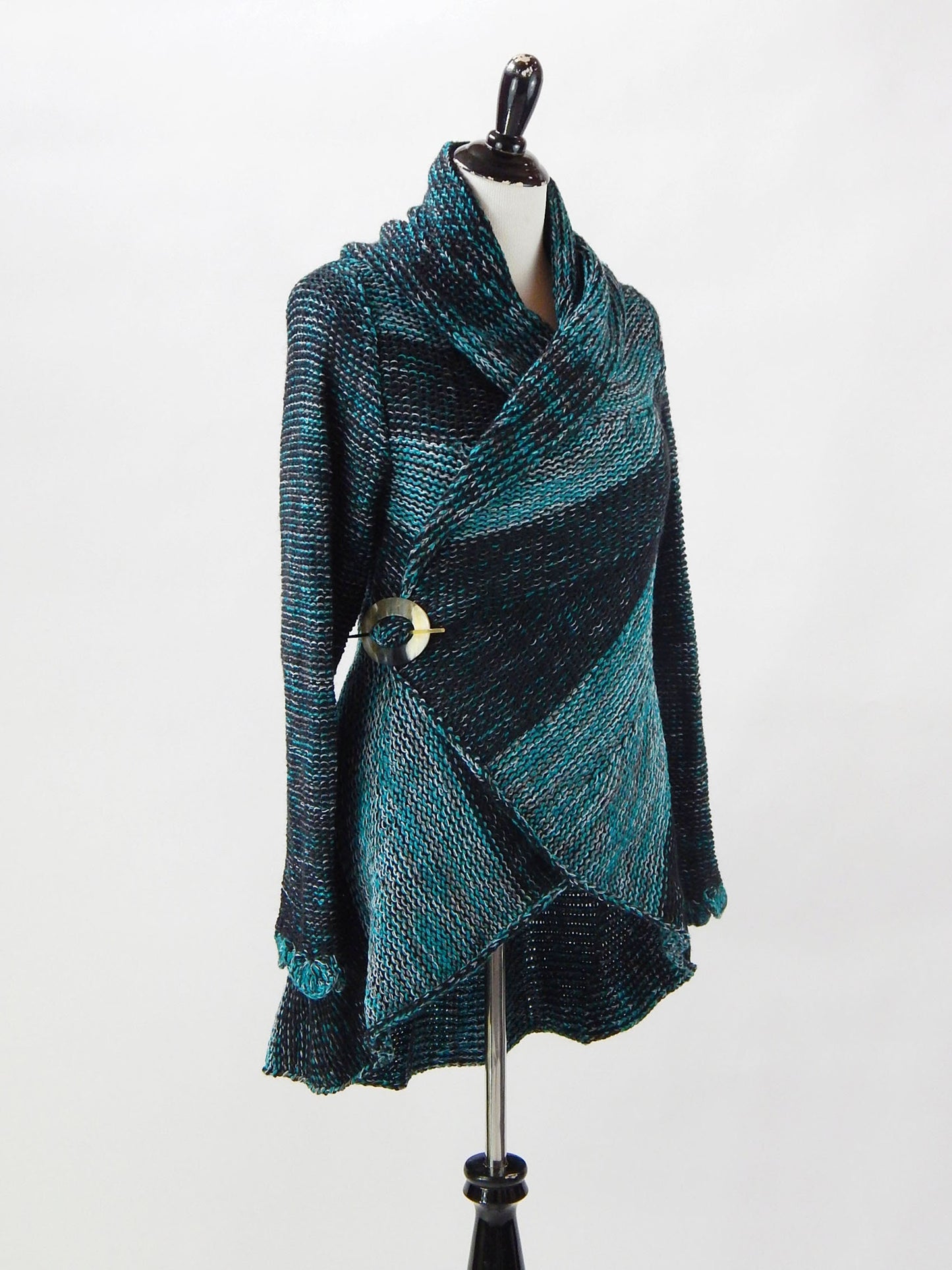Fine Alpaca Wool Handknit Tailored Cardigan Petticoat Knitted Sweater Open Designer Versatile Stylish Elegant Fitted Wrap Turquoise Crochet